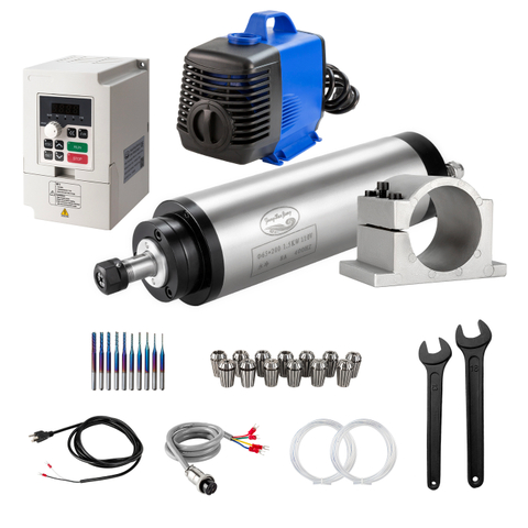CNC vretenové súpravy, 110V 1,5 kW 65 mm voda chladený vretendový motor+ 1,5 kW VFD+ svorka+ vodné čerpadlo+ vodná hadica+ ER11 Collet Kit+ vŕtacie bity+ drôty+ kľúčy 